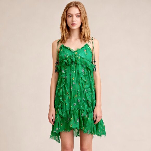 NWOT The Kooples Silk Green Floral Mini Dress Size 2 - Picture 1 of 12